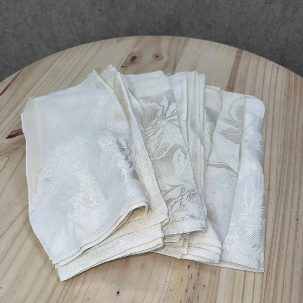 10 VTG Floral Satin Damask Napkins Set Ivory Jacquard Satin Sheen Square